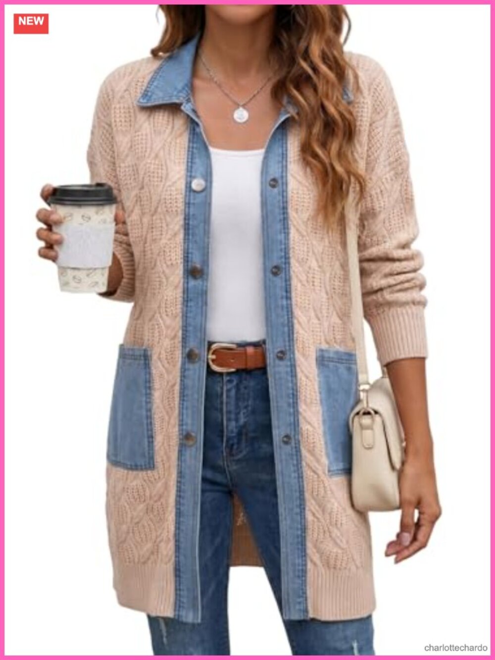Women's Denim Patchwork Cable Knit Button Down Cardigan Sweater